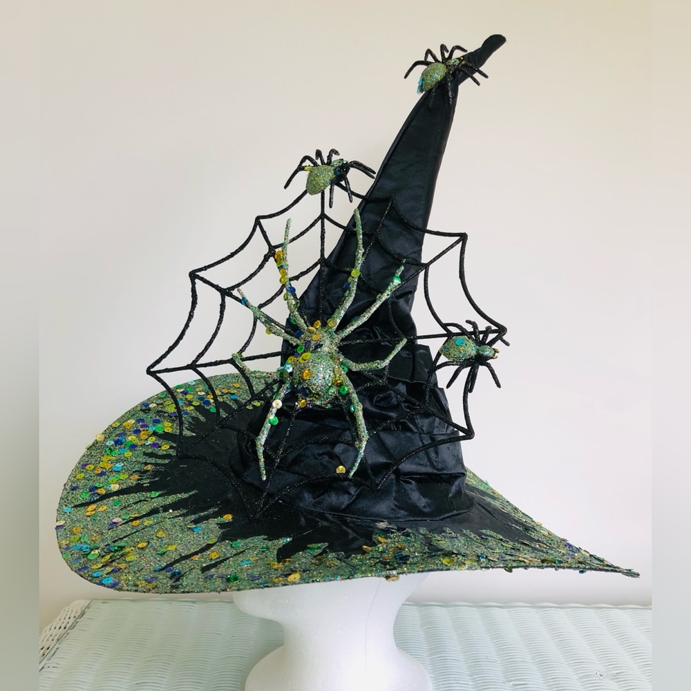 WITCH HAT Black satin green Sparkles crawling with spiders & Lg web 1 Of a kind - Picture 10 of 16